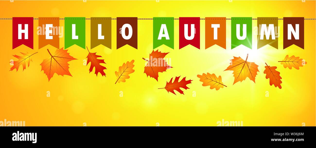 Hello Autumn Party Flags Banner On Yellow Sunny Background With