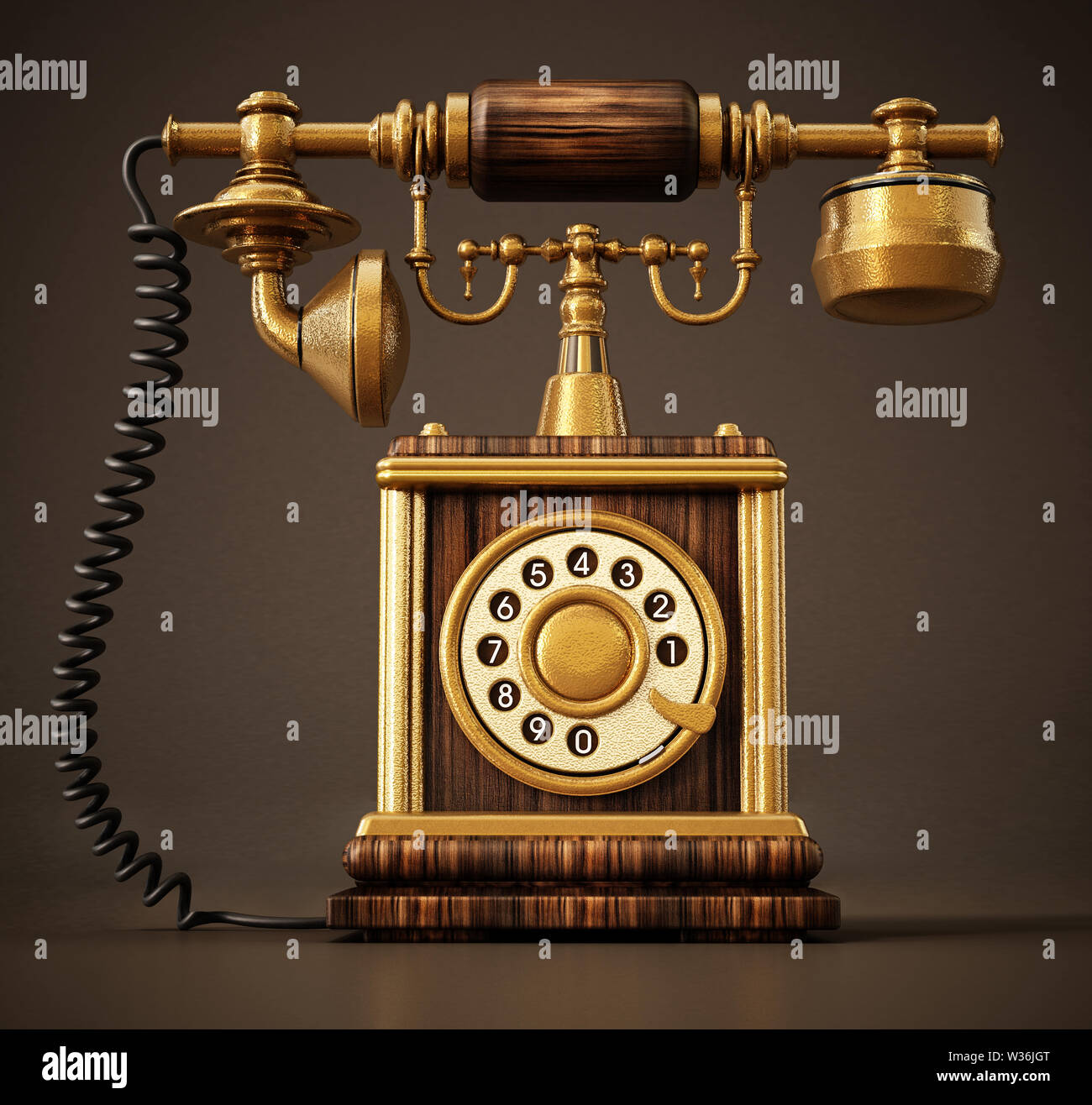 Antique dial phone against dark background. 3D illustration. Stock Photo