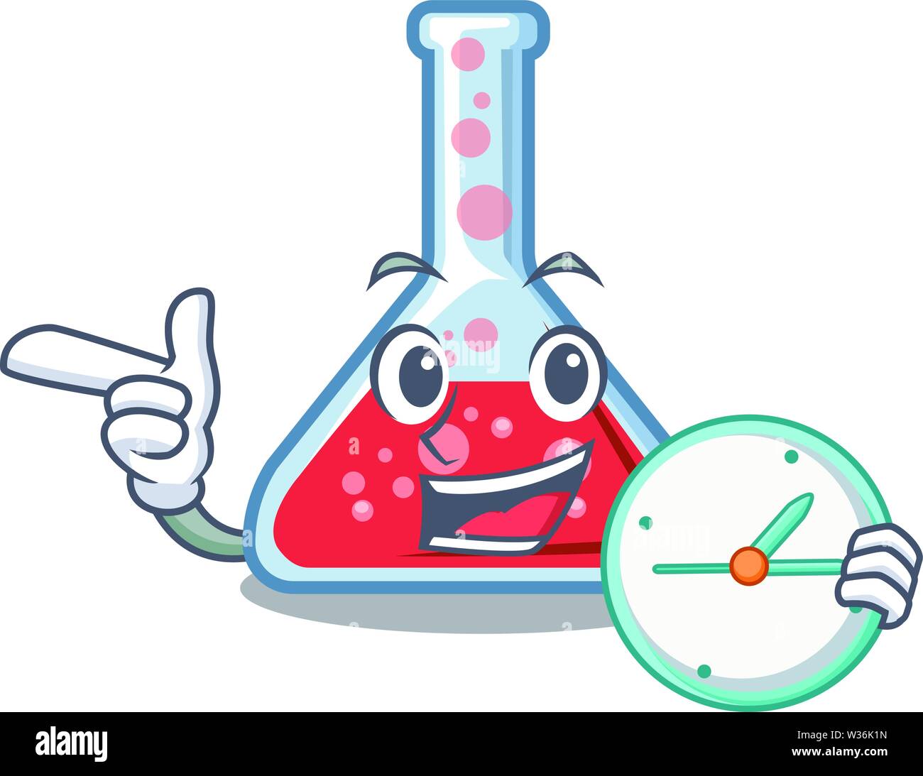 With clock erlenmeyer flask in the character shape Stock Vector