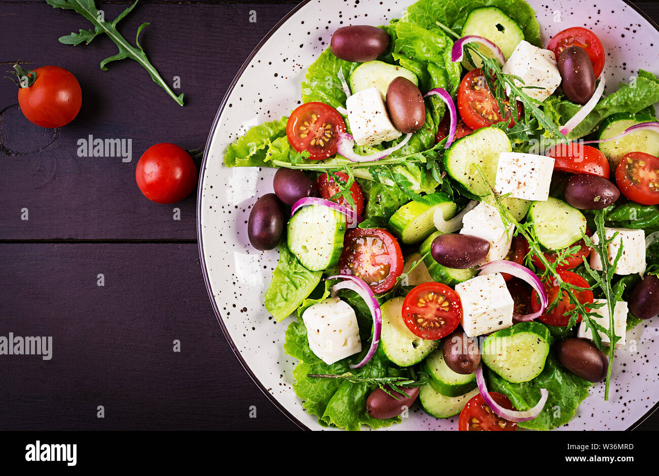 Greek salad with fresh vegetables, feta cheese and kalamata olives ...