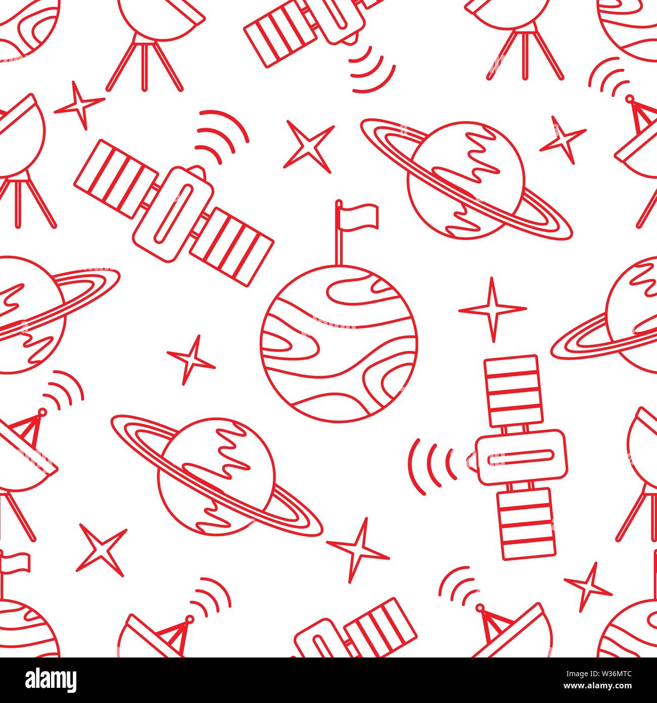 Satellite Pattern Design Seamless vector pattern with planets, Saturn, stars, orbital station ...