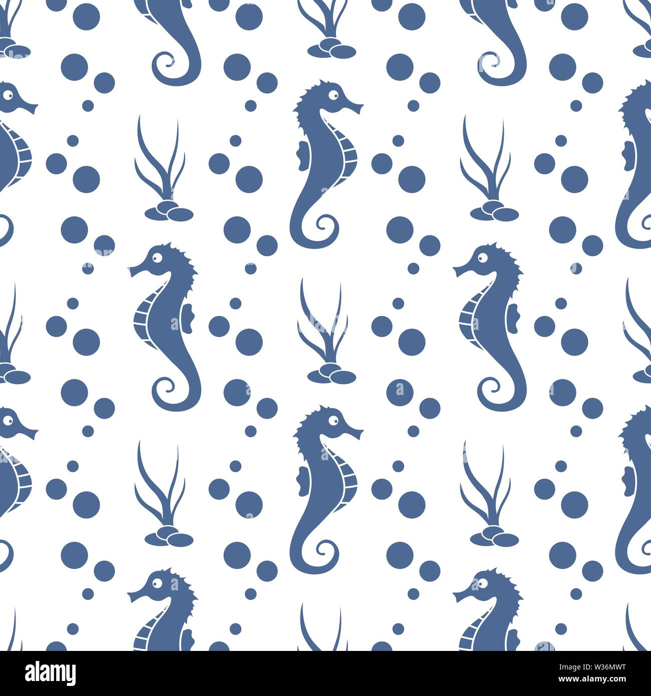 Vector seamless pattern with sea horses, underwater plants and bubbles ...