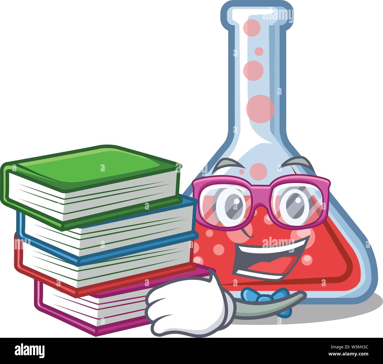 Student with book erlenmeyer flask in cartoon lab room Stock Vector