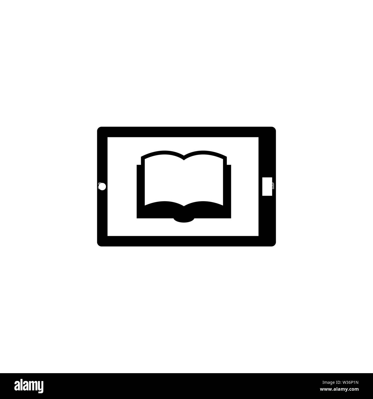 Reading books on PC Tablet. Flat Vector Icon. Simple black symbol on ...