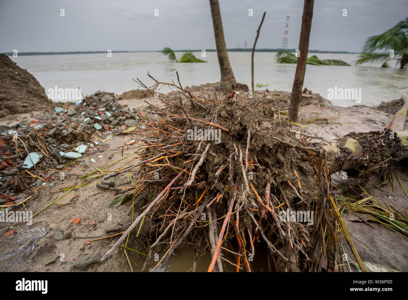 Bangladesh – June 27, 2015: Massive effect of river erosion at Rasulpur, Barisal District. Stock Photo