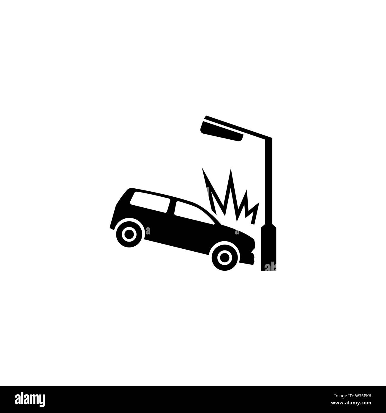 Car Crashed into Lamp Post. Flat Vector Icon. Simple black symbol on white background Stock Vector