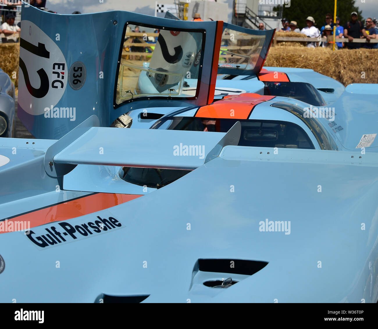 A pair of Porsche 917's and a  Ford GT40 in Gulf livery, Goodwood Festival of Speed, 2019, Festival of Speed, Speed Kings, Motorsport's Record Breaker Stock Photo