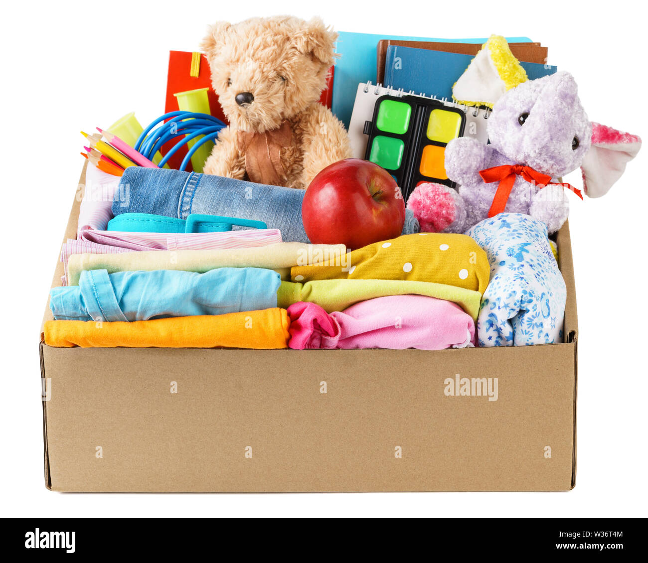 https://c8.alamy.com/comp/W36T4M/colorful-casual-clothes-stationery-and-toys-in-a-box-for-shipping-or-donation-back-to-school-concept-isolated-on-white-background-W36T4M.jpg