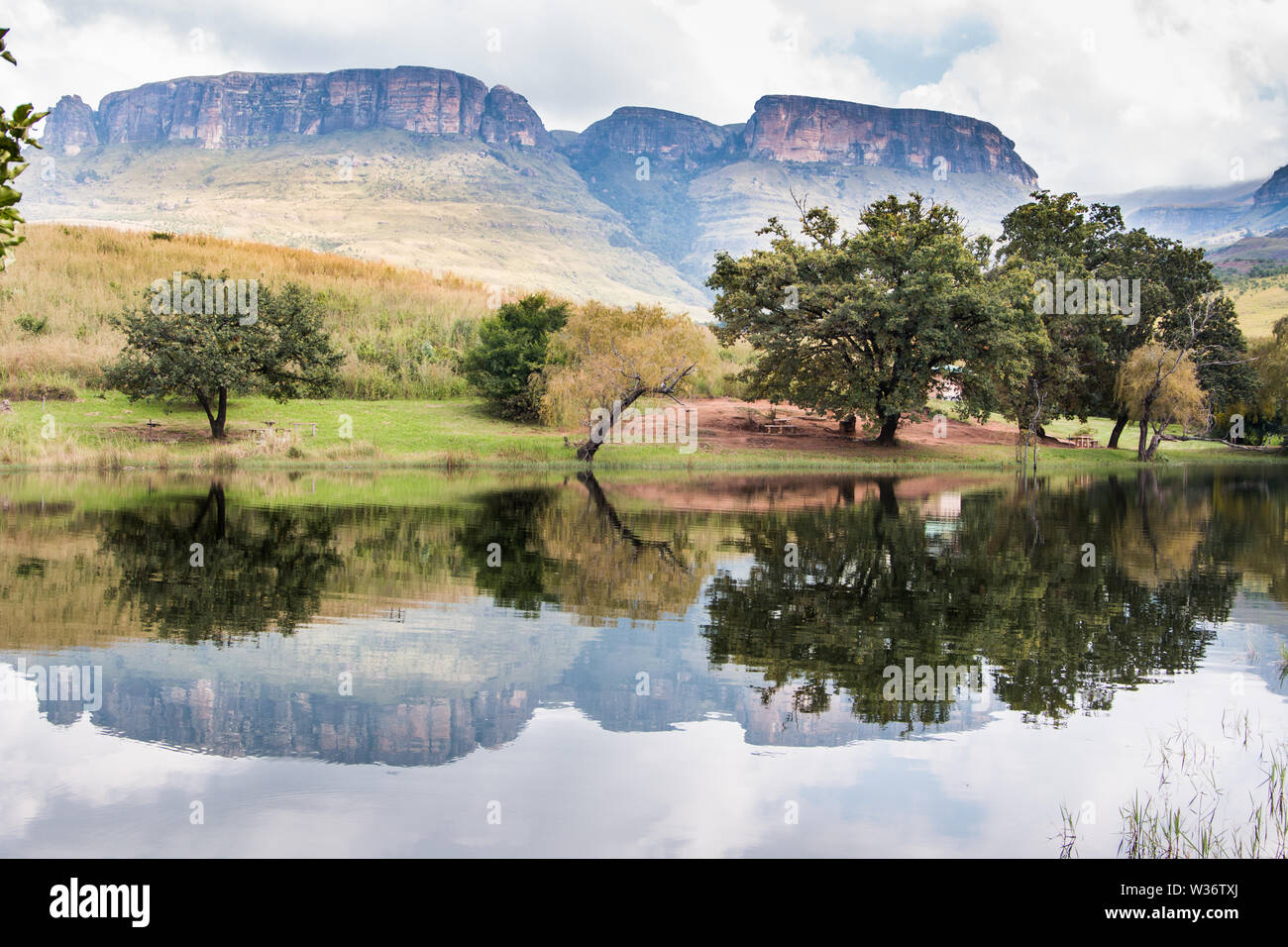 Northern Drakensberg mountains reflecting in water with trees and cloudy skies in the Royal Natal National Park, South Africa. Stock Photo