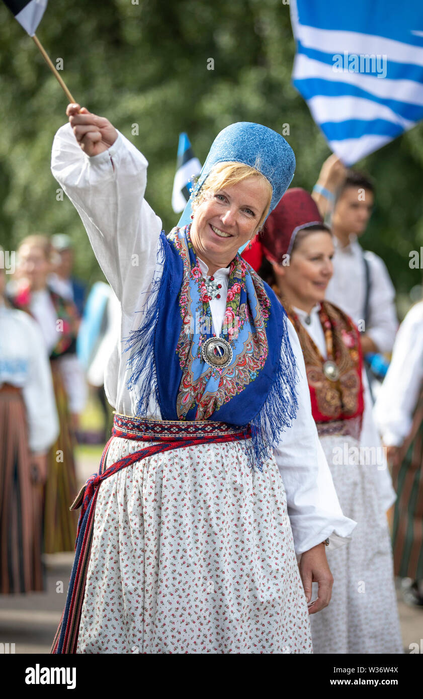 Tallinn, Estonia, 6th July, 2019: people in traditional estonian