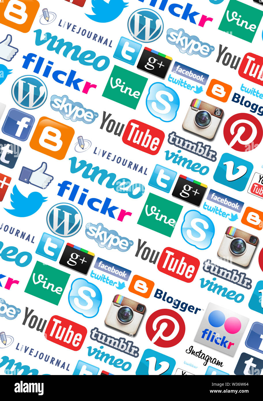 Illustration of various social media icons and logos. Stock Photo