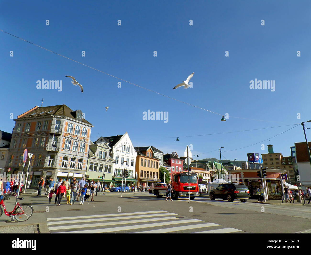 Summer street scene of Bergen city center, the second largest city in Norway, Scandinavia, Europe Stock Photo