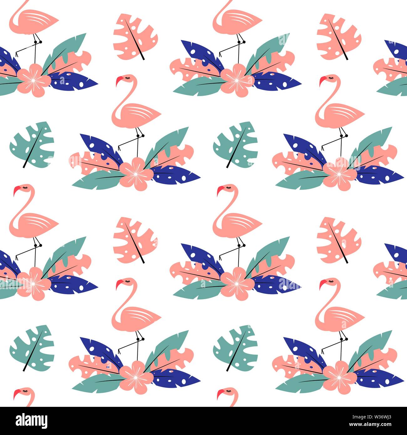 cute pink flamingo with exotic tropical leaves and flower seamless ...