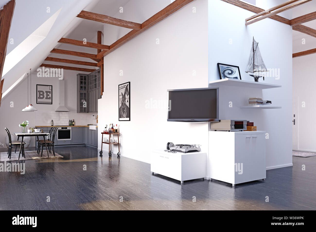 modern loft kitchen interior design. 3d rendering concept Stock Photo ...