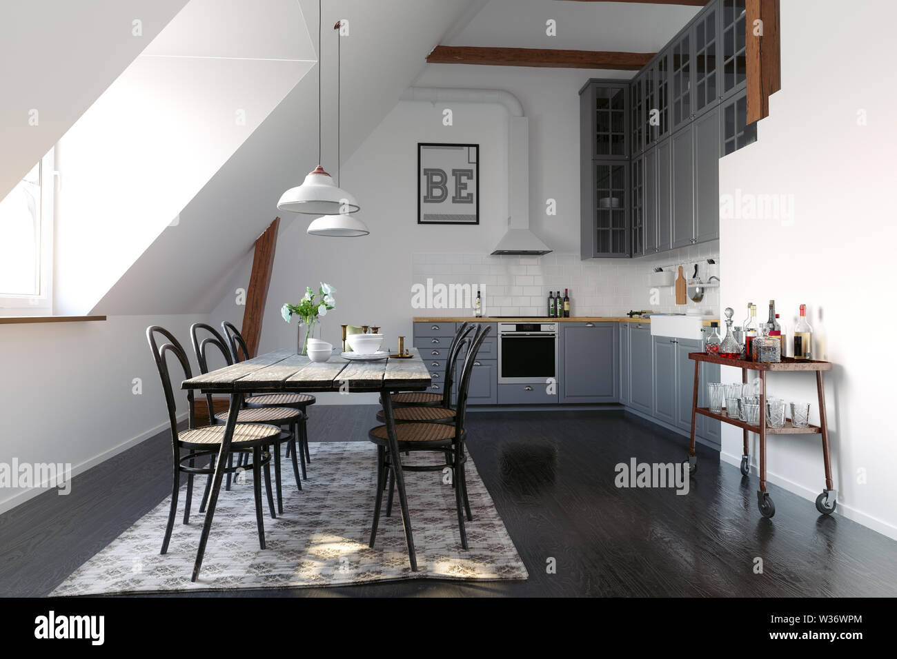 modern loft kitchen interior design. 3d rendering concept Stock Photo ...
