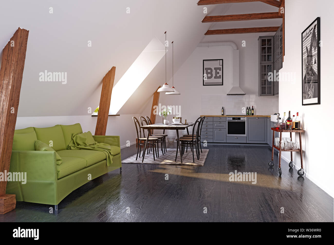 modern loft kitchen interior design. 3d rendering concept Stock Photo ...