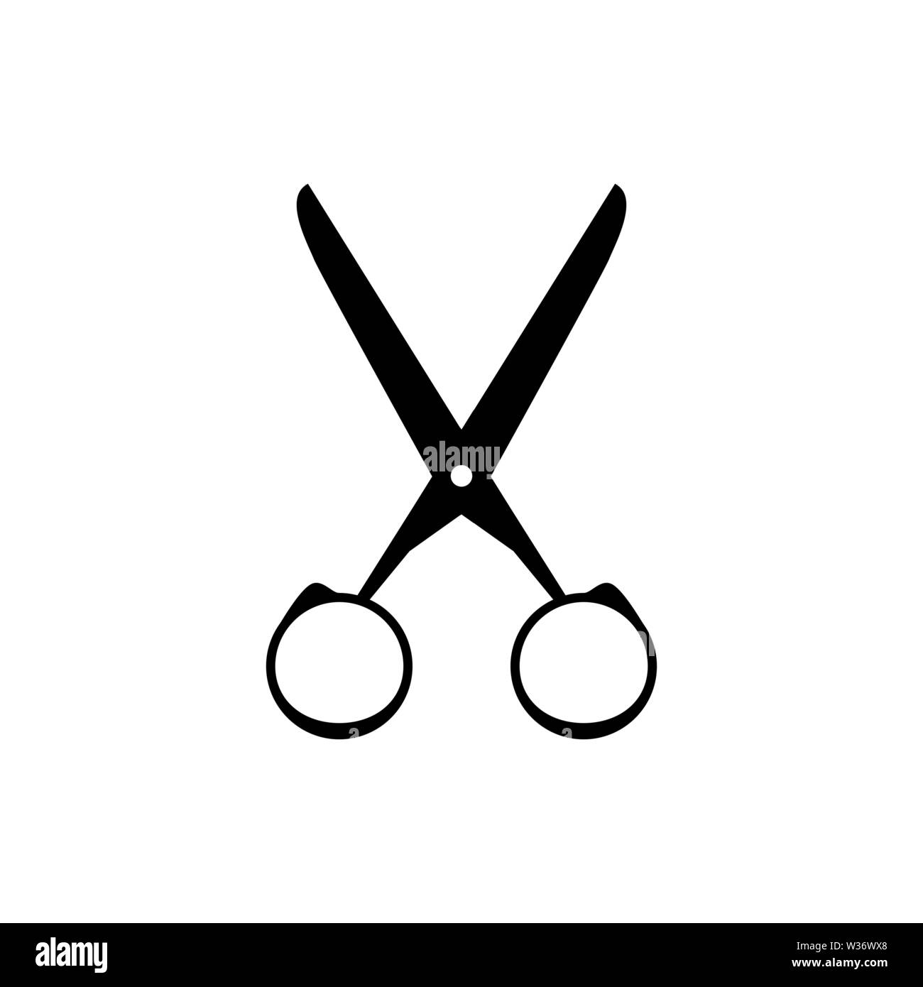Scissors silhouette black and white vector illustration. Stainless steel tool for cutting paper, fabric. Stationery equipment with sharp blades. Hairdressers, tailors accessory. Barbershop logo Stock Vector