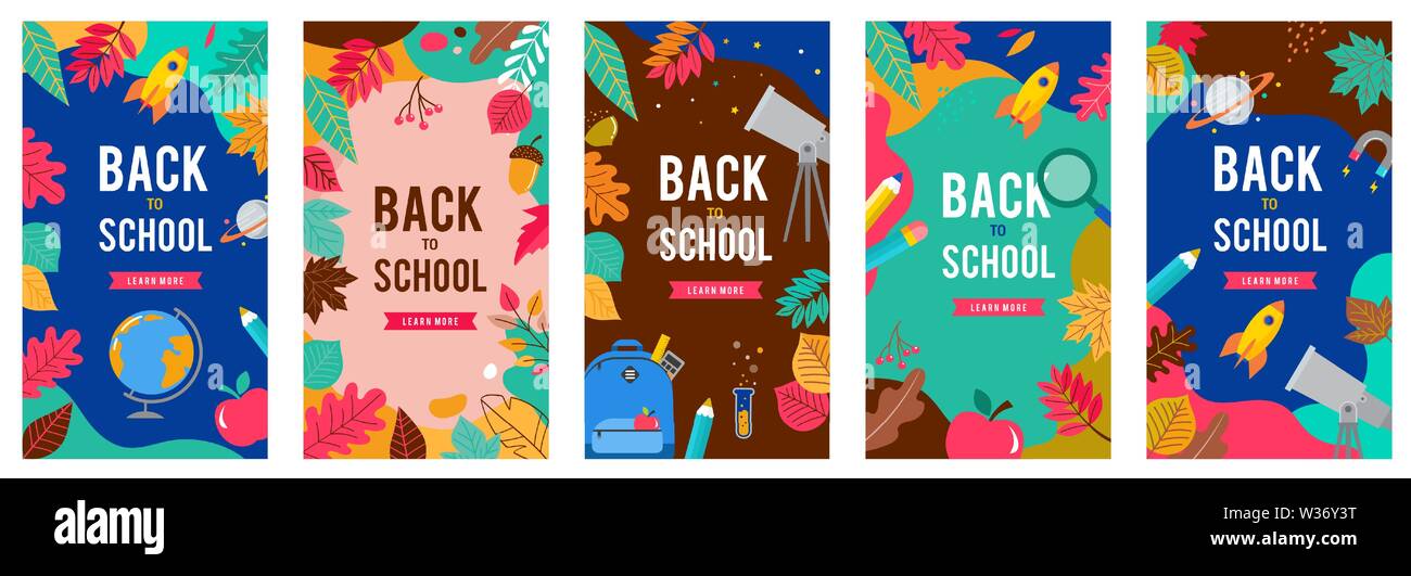 Back to school set of banners with leaves, pen, pencil and apple on ...