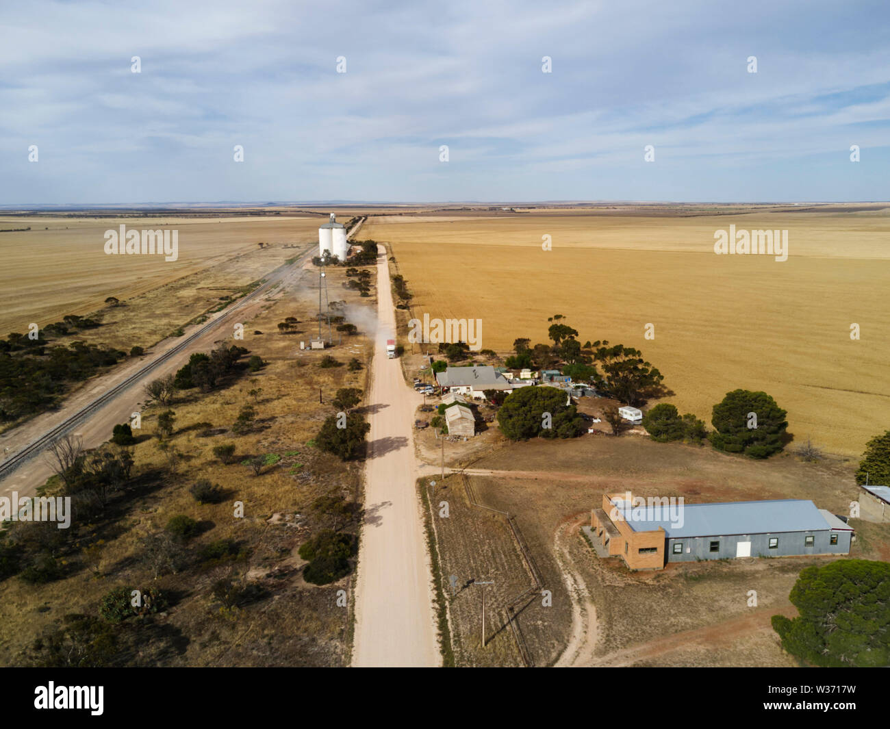 Aerial of Wharminda a small village founded on the nearby railway siding for grain handling Eyre Peninsula South Australia Stock Photo