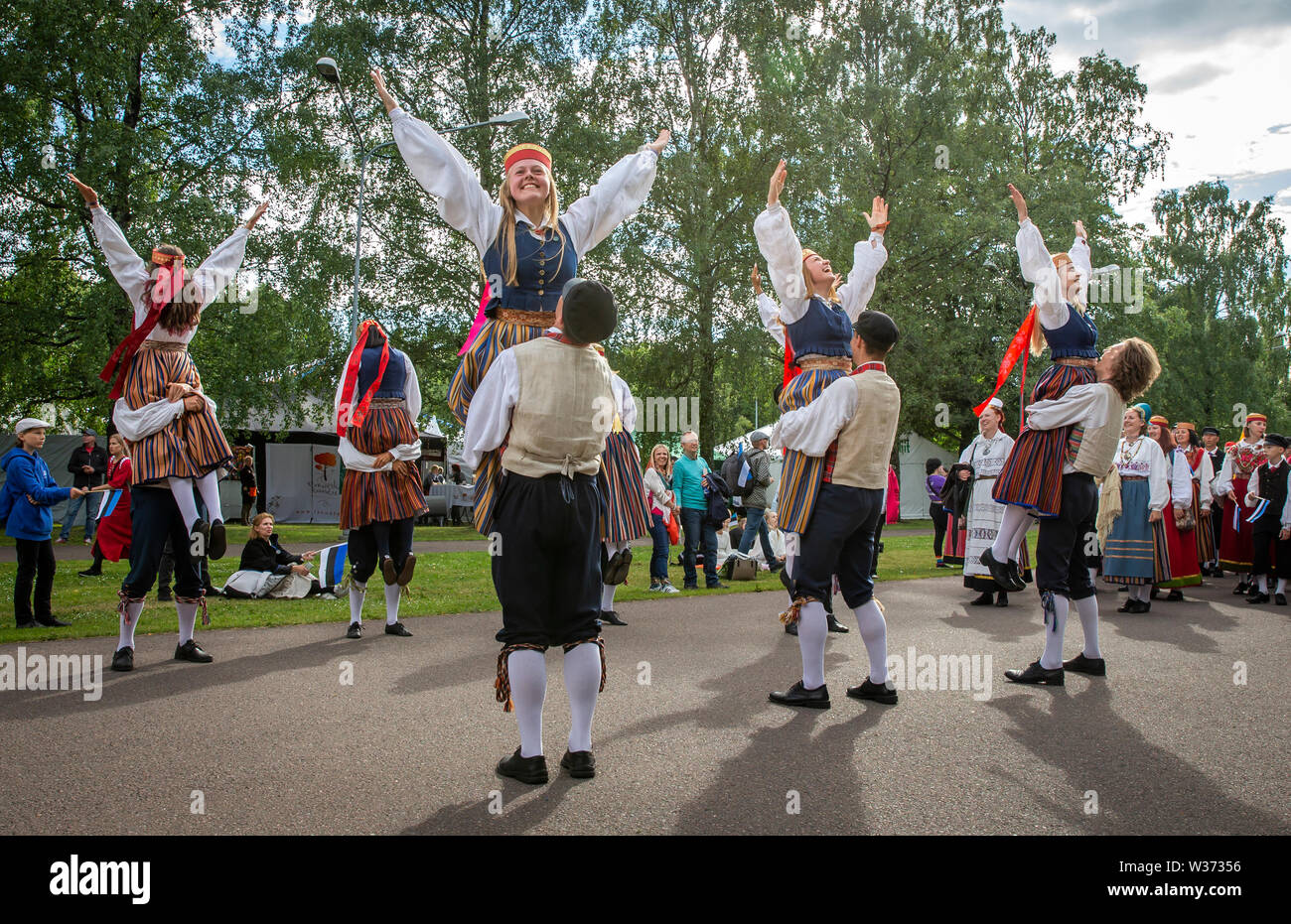 Tallinn, Estonia, 6th July, 2019: estonian folk dancers  in traditional clothing at the song festival grounds in Pirita during the song festival 'laul Stock Photo