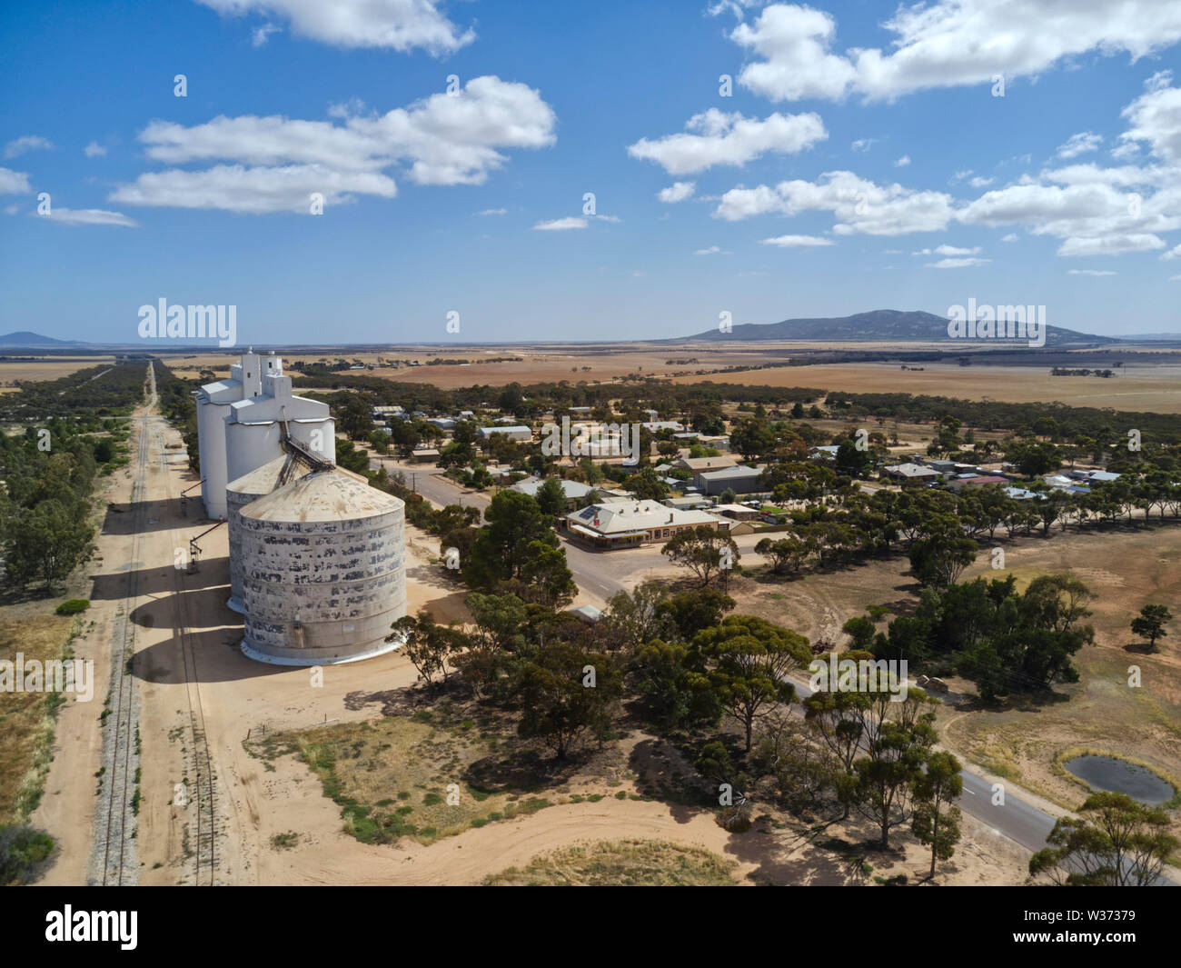 Aerial of grain silo's in the village of Darke Peak Eyre Peninsula