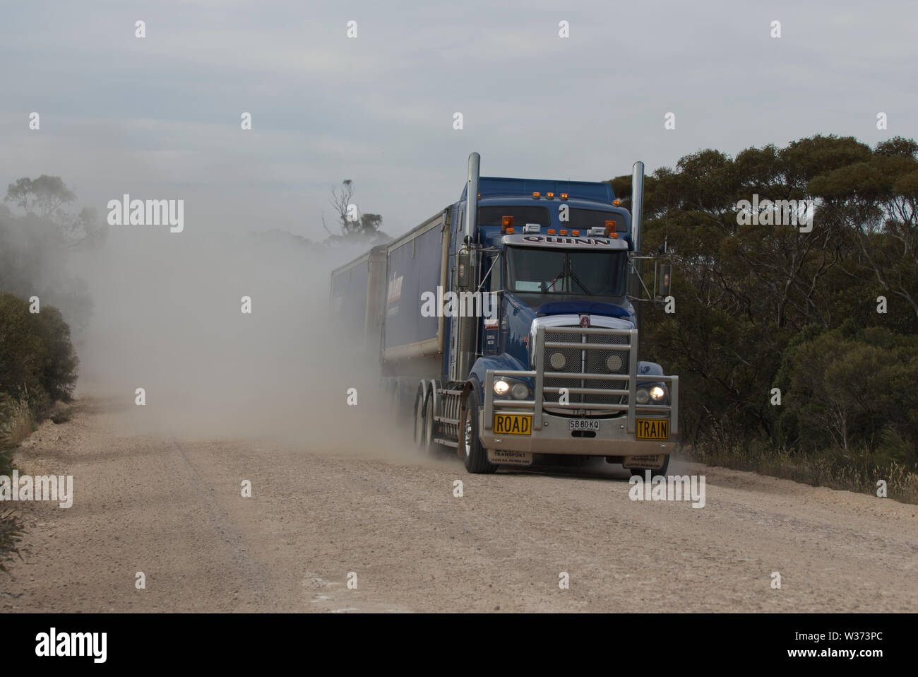 Road Train hauling grain (wheat) to nearby silo at Wharminda Eyre Peninsula South Australia Stock Photo