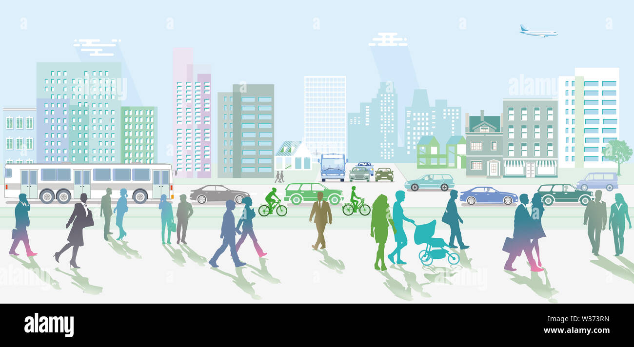 City with traffic and pedestrians on the sidewalk Stock Photo - Alamy