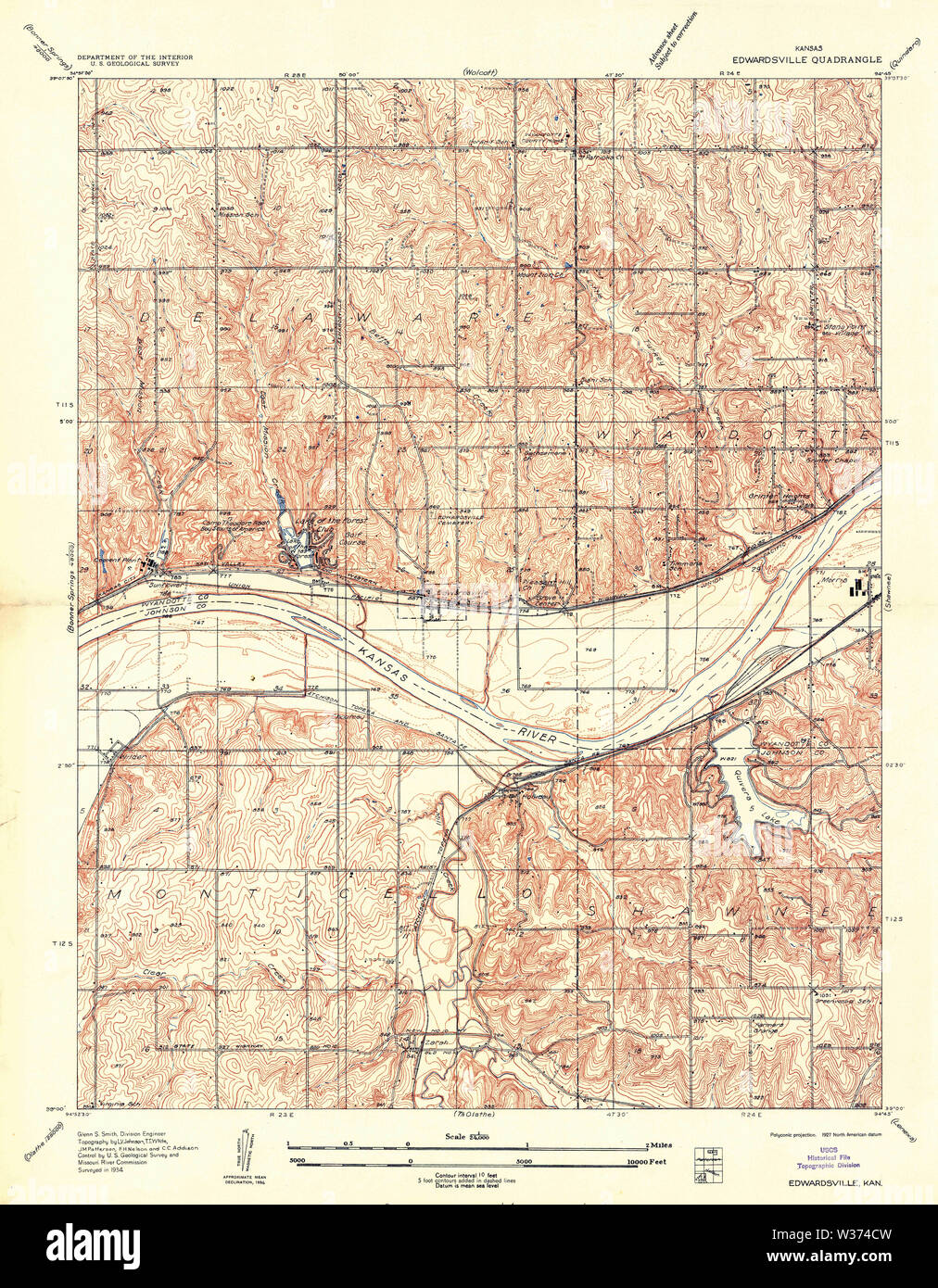 USGS TOPO Map Kansas KS Edwardsville 801735 1934 24000 Restoration Stock Photo