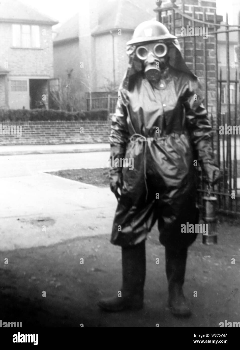Air raid warden in gas mask Stock Photo