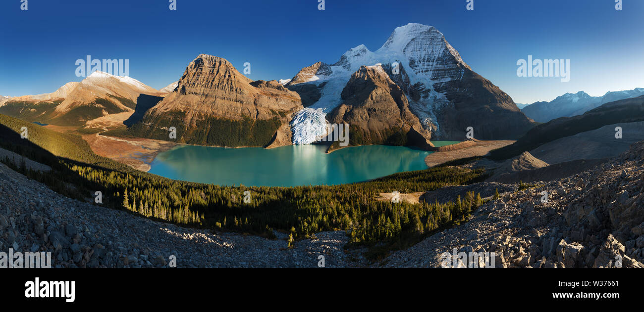 Mount Robson is the most prominent mountain in North America's Rocky Mountain range; it is also the highest point in the Canadian Rockies. Canada Stock Photo