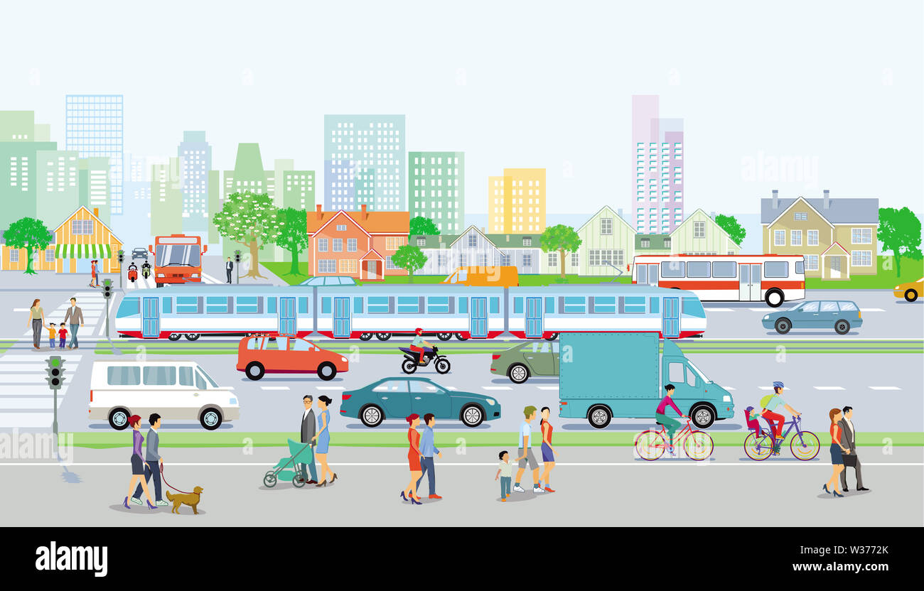 City with traffic and pedestrians on the sidewalk Stock Photo - Alamy