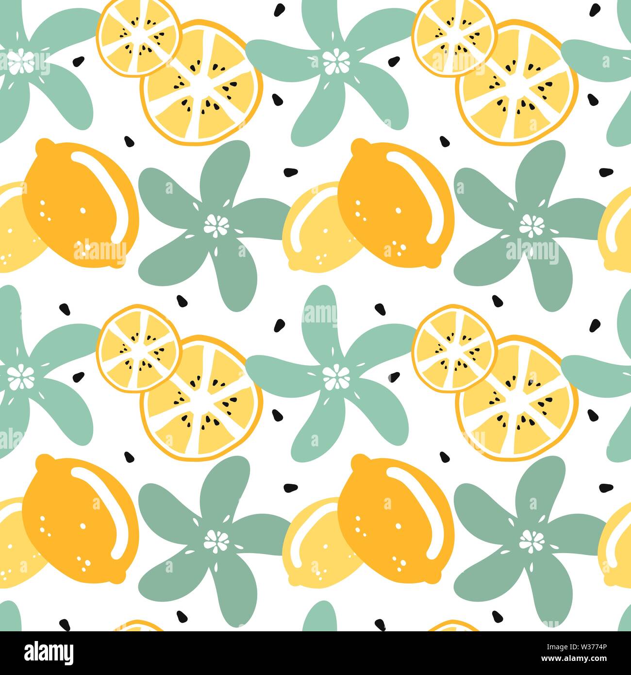 cute modern summer seamless vector pattern background illustration with  lemon, lemon slice, seeds and flowers Stock Vector Image & Art - Alamy
