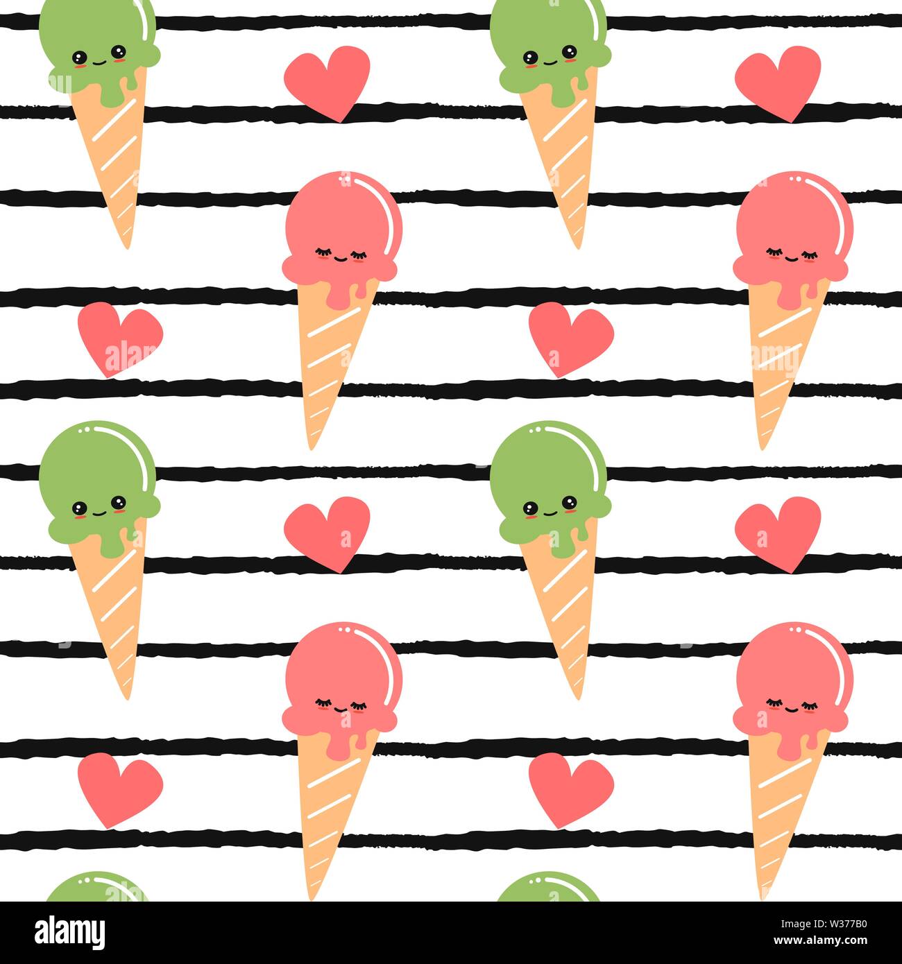 cute cartoon ice cream seamless vector pattern illustration on black and  white striped background Stock Vector Image & Art - Alamy