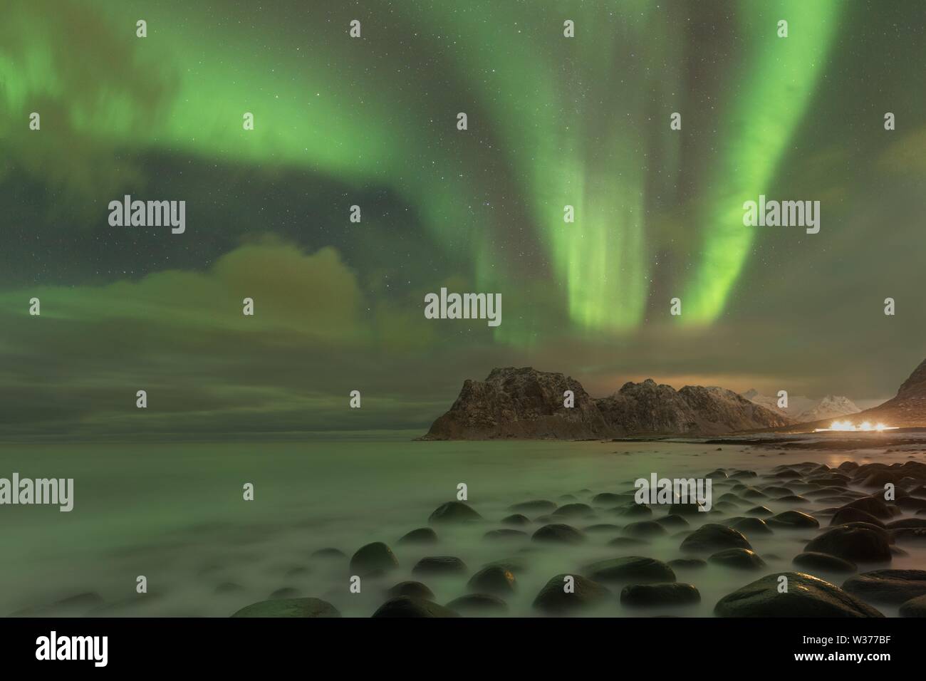 Northern lights in Lofoten islands, Norway. Green Aurora borealis ...