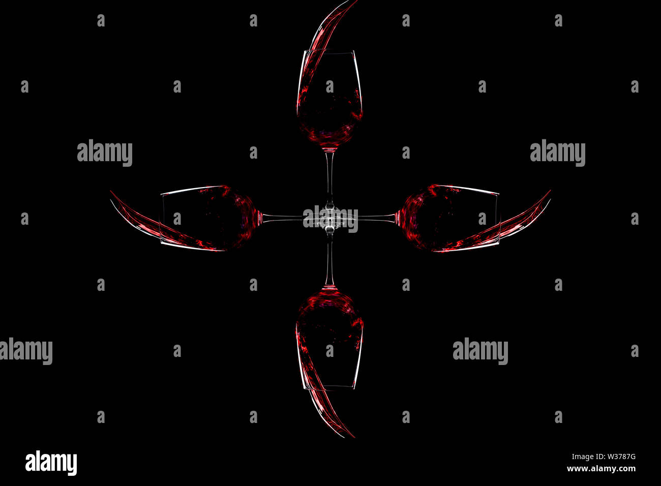 glasses of red wine spill over black background Stock Photo