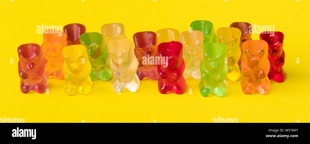 Multicolor fruit gummy candy in the form of a grizzly bear. Jelly Bear over yellow background, panoramic image Stock Photo
