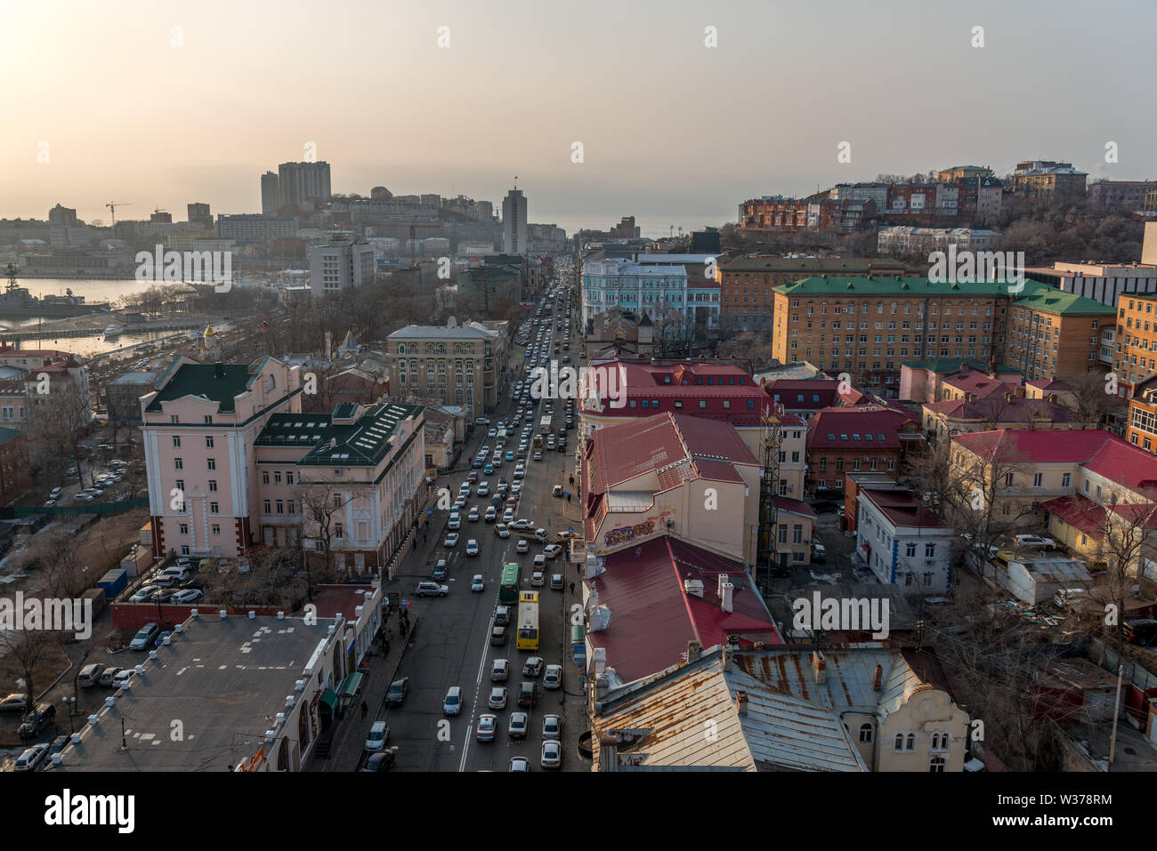VLADIVOSTOK, RUSSIA - FEBRUARY 25, 2015: Svetlanskaya street view. Svetlanskaya Street is a major street in Vladivostok, Russia. Stock Photo