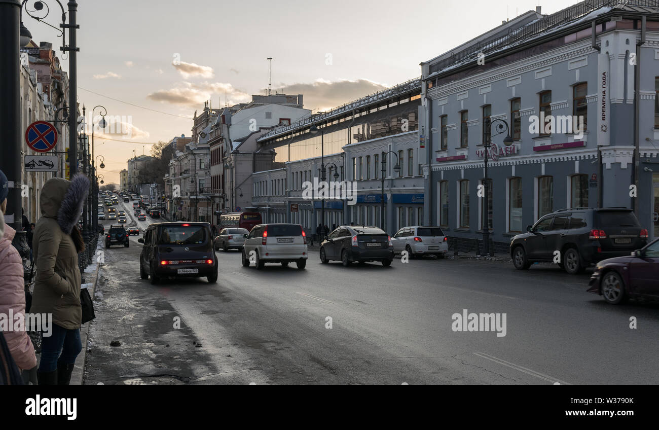 VLADIVOSTOK, RUSSIA - NOVEMBER 19, 2017: Aleutskaya street at sunset. Aleutskaya street one of the central Stock Photo