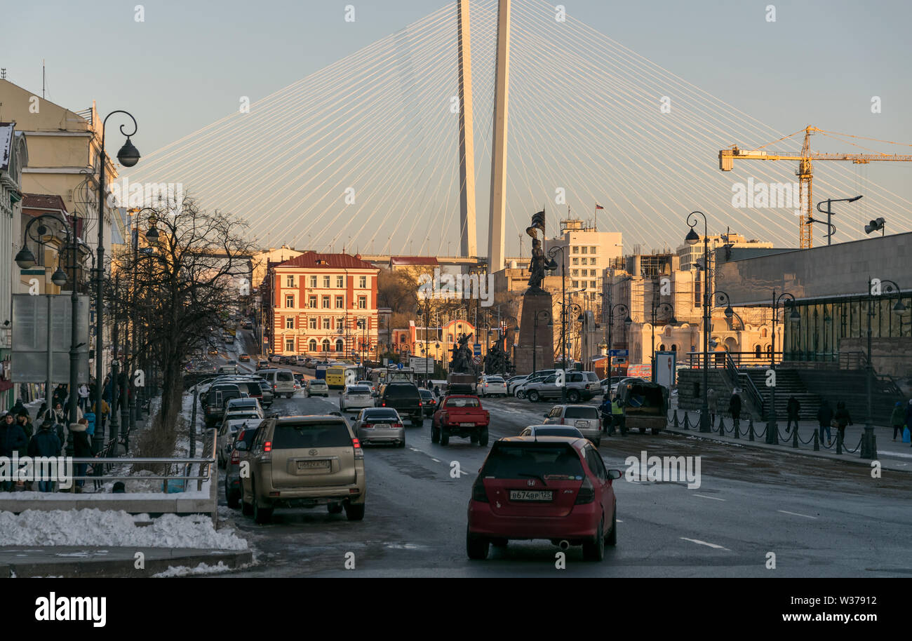 VLADIVOSTOK, RUSSIA - NOVEMBER 19, 2017: Svetlanskaya street view at sunset. Svetlanskaya Street is a Stock Photo