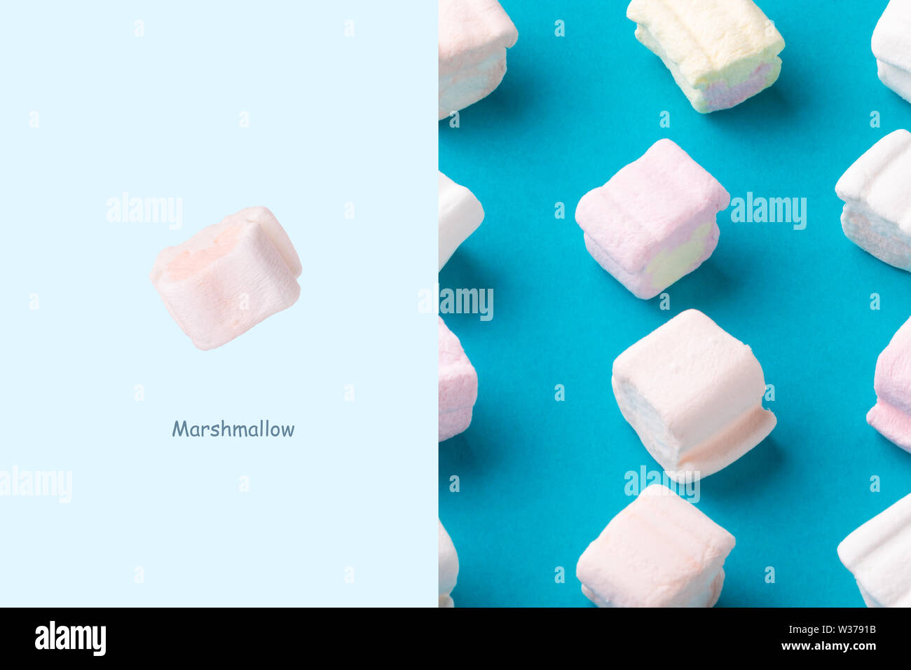 Creative layout made of sweet marshmallows on blue background ...