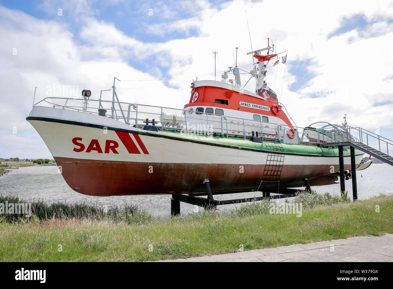 26 June 2019, Schleswig-Holstein, Fehmarn: The former sea rescue cruiser Arwed Emminghaus is located in the harbour of Burgstaaken on Fehmarn as an exhibit of the sea rescue museum. Photo: Markus Scholz/dpa Stock Photo