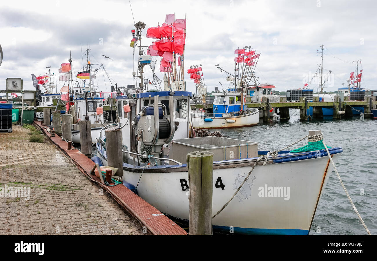 26 June 2019, Schleswig-Holstein, Fehmarn: Fishing boats lie in the harbour of Burgstaaken on Fehmarn. Photo: Markus Scholz/dpa Stock Photo