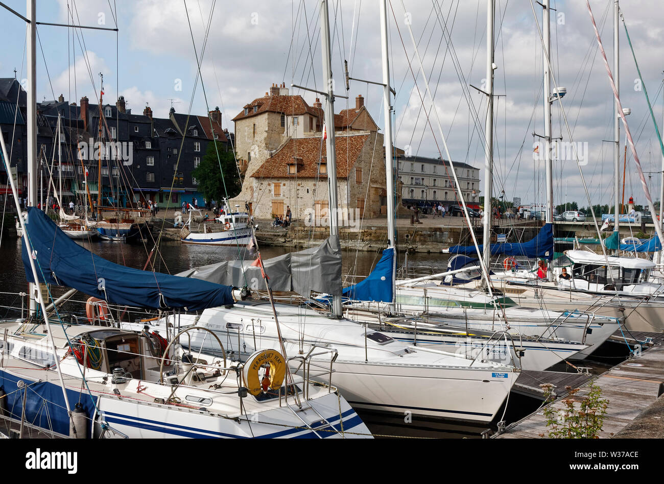 Vieux Bassin; harbor; sailboats docked, The Lieutenancy, 14 century restored, old stone buildings, cityscape, Europe, Normandy; Honfleur; France; summ Stock Photo