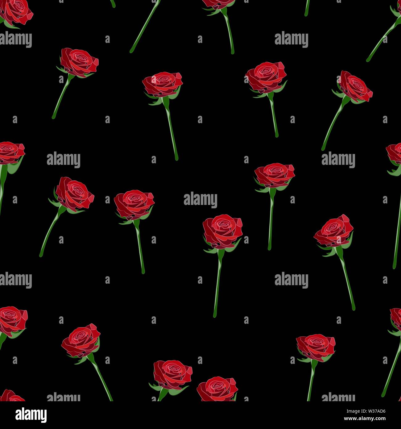 Vector seamless pattern with red rose button on the stem and branches on a black background. Stock Vector