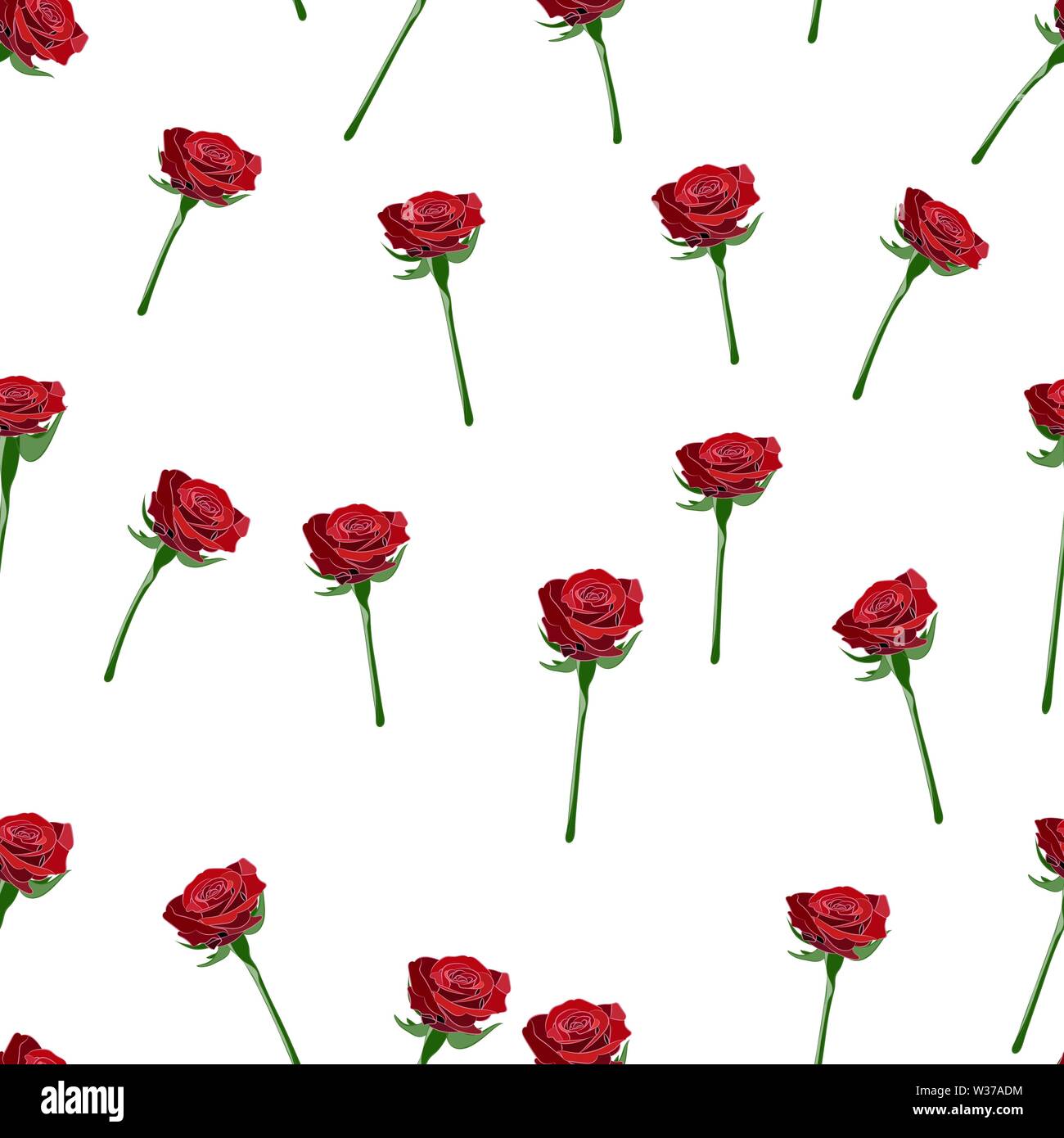 Vector seamless pattern with red rose button on the stem and branches on a white background. Stock Vector
