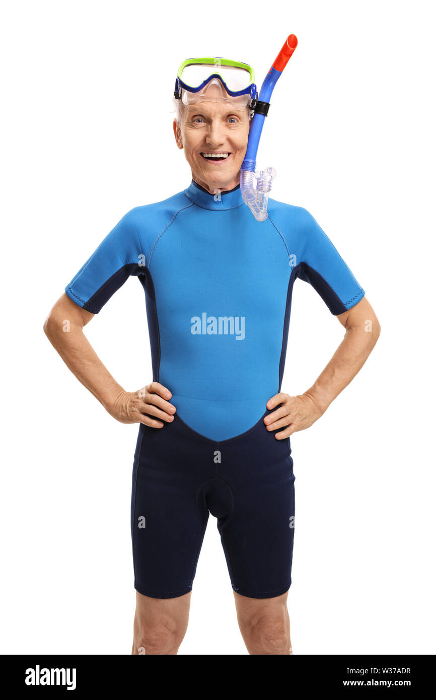 Senior man wearing a wetsuit and a diving mask isolated on white background Stock Photo