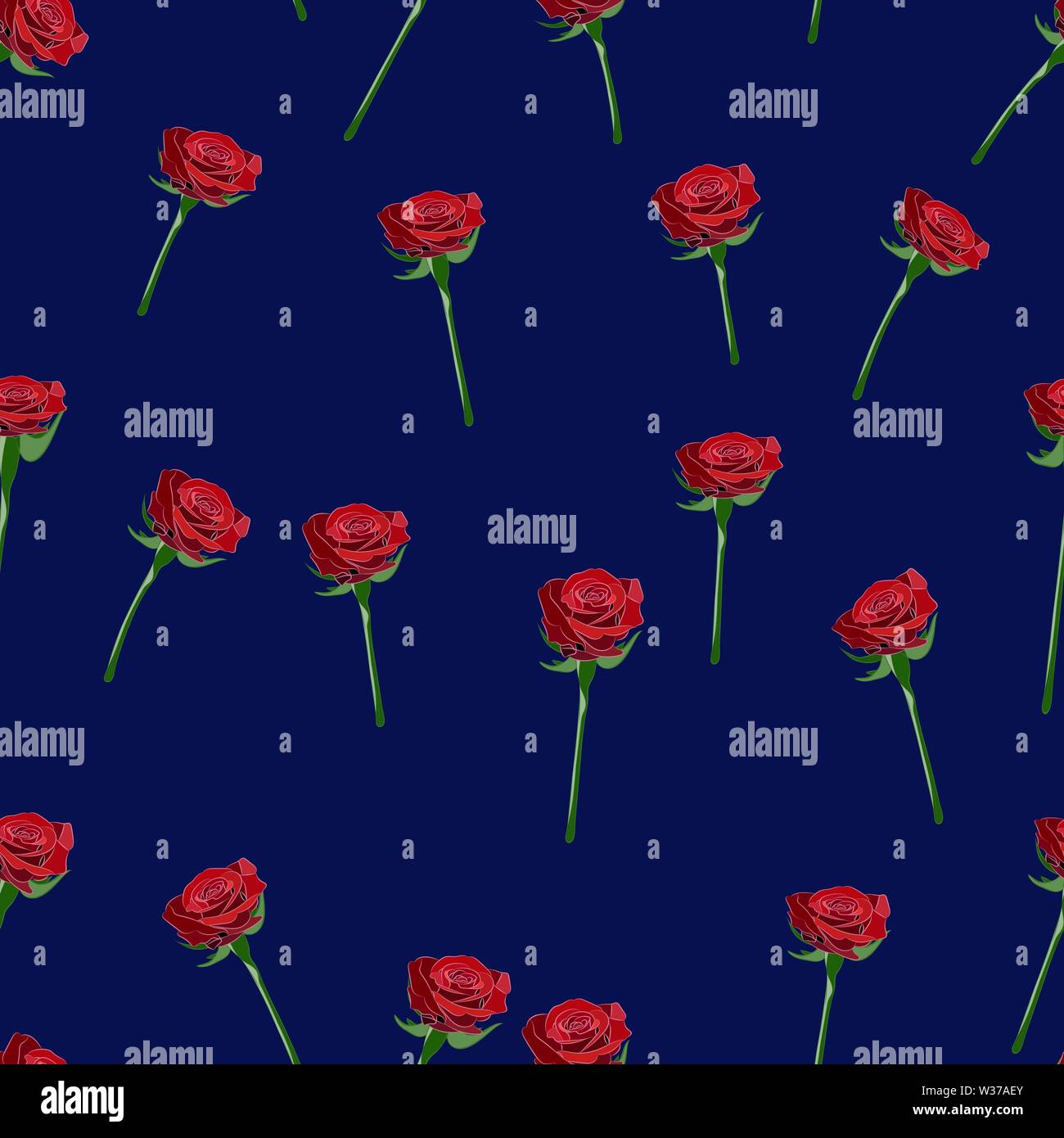 Vector seamless pattern with red rose button on the stem and branches on a dark-blue background. Stock Vector