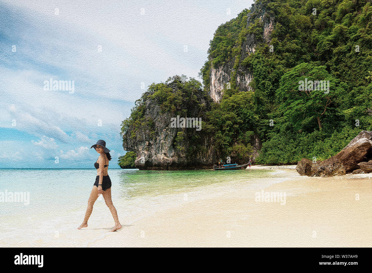 Illustration woman in bikini and sunhat walking on the beach in mosaic tiles. Stock Photo