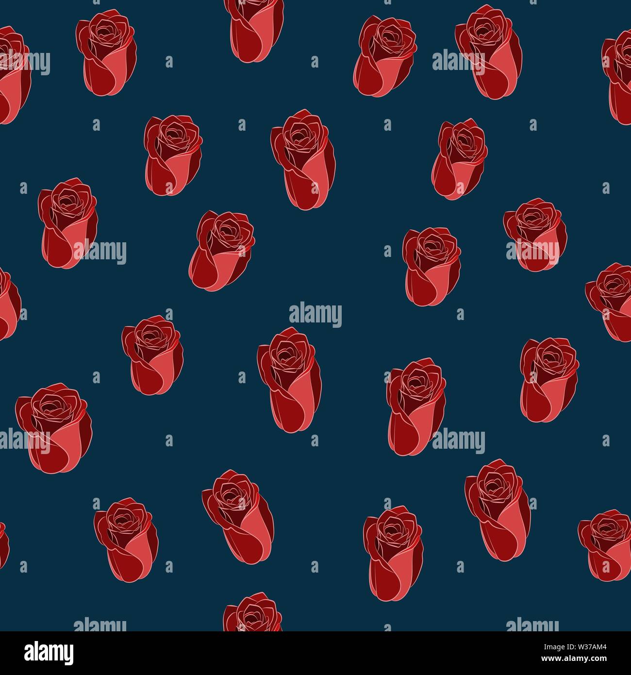 Vector seamless pattern with scarlet and red rose button on a dark-blue background. Stock Vector