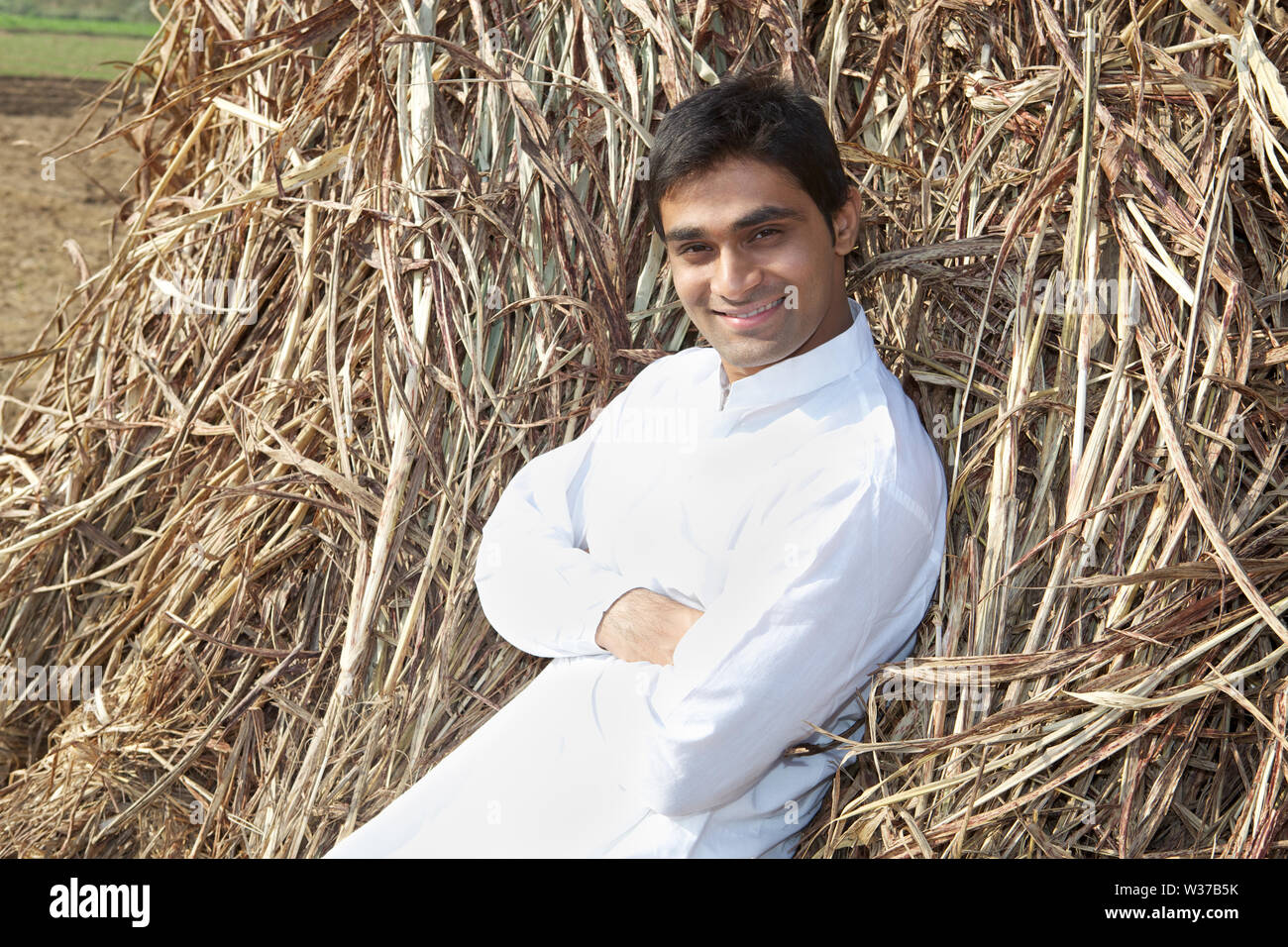 Farmer lying against harvested crop Stock Photo - Alamy